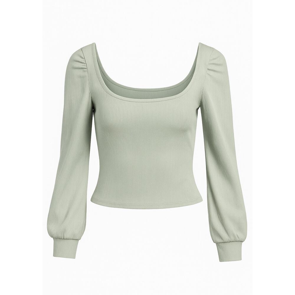 SHEIN Women’s Ribbed Scoop Neck Puff Sleeve Top Small Green Long Sleeve Casual